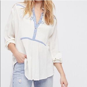 Free People White and Blue Oversized Sunflower Graphic Button Down Shirt